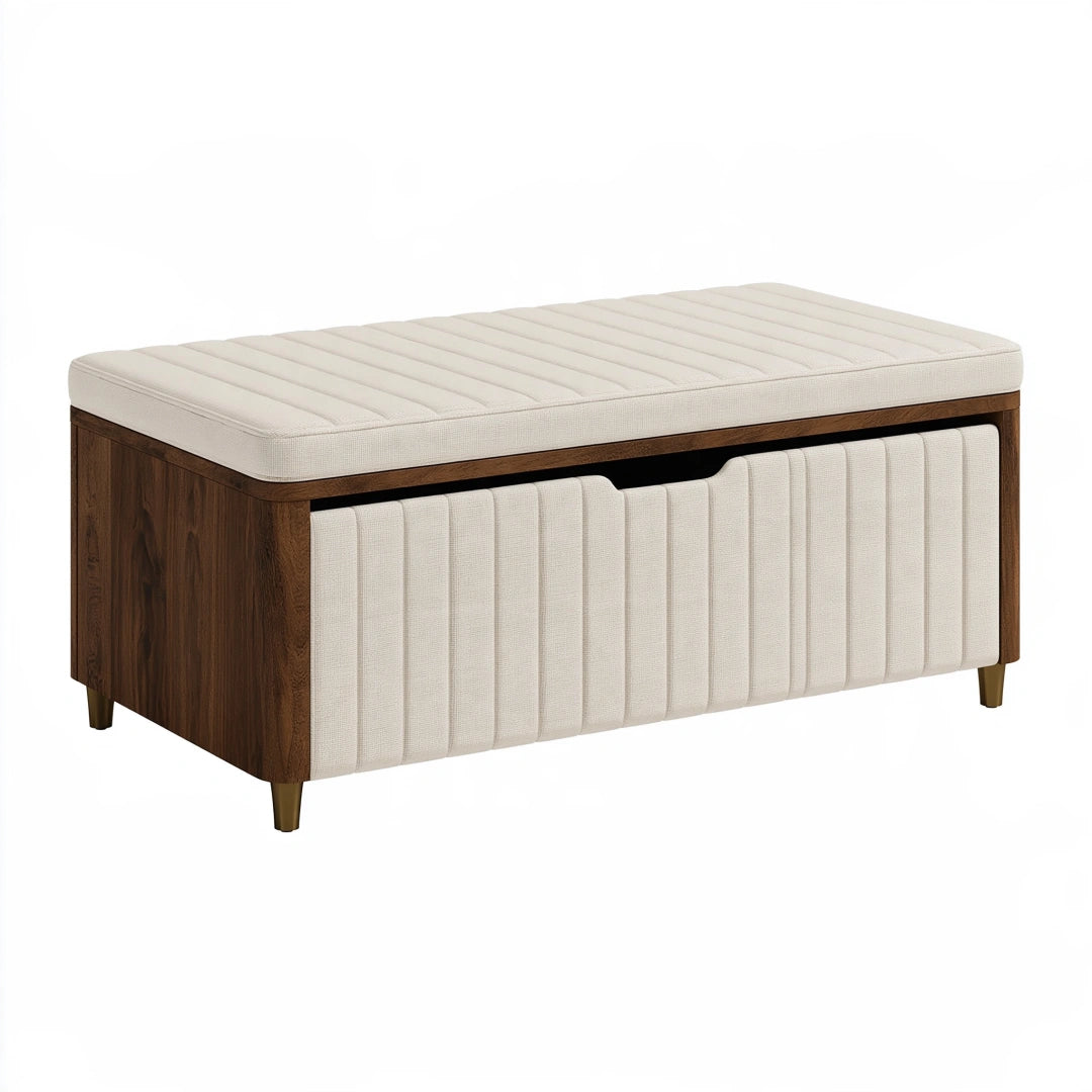 Panca contenitore 100 x 45 x 50 cm in legno e tessuto crema noce scuro - stile moderno