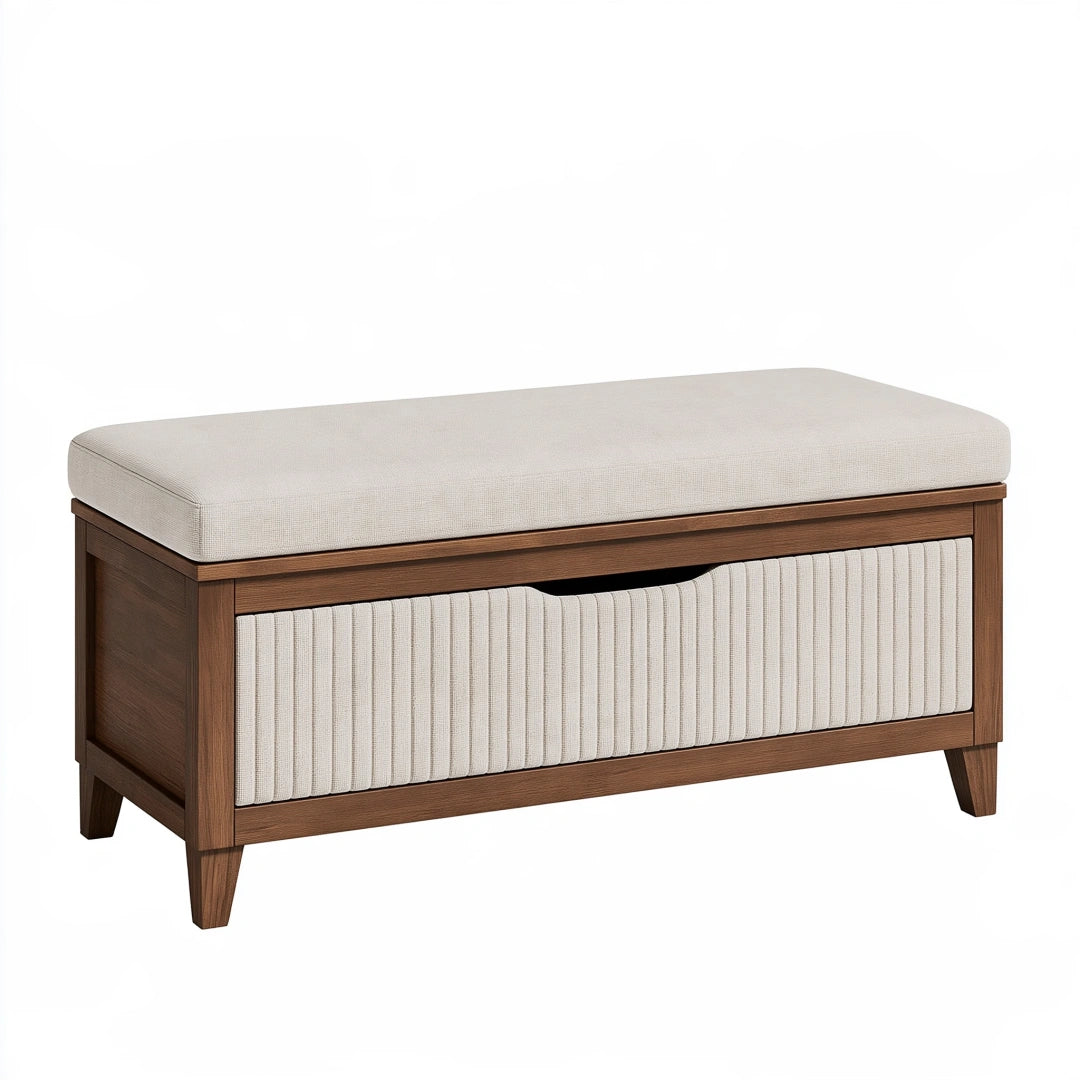 Panca contenitore 100x45x48 cm in legno e tessuto crema stile moderno