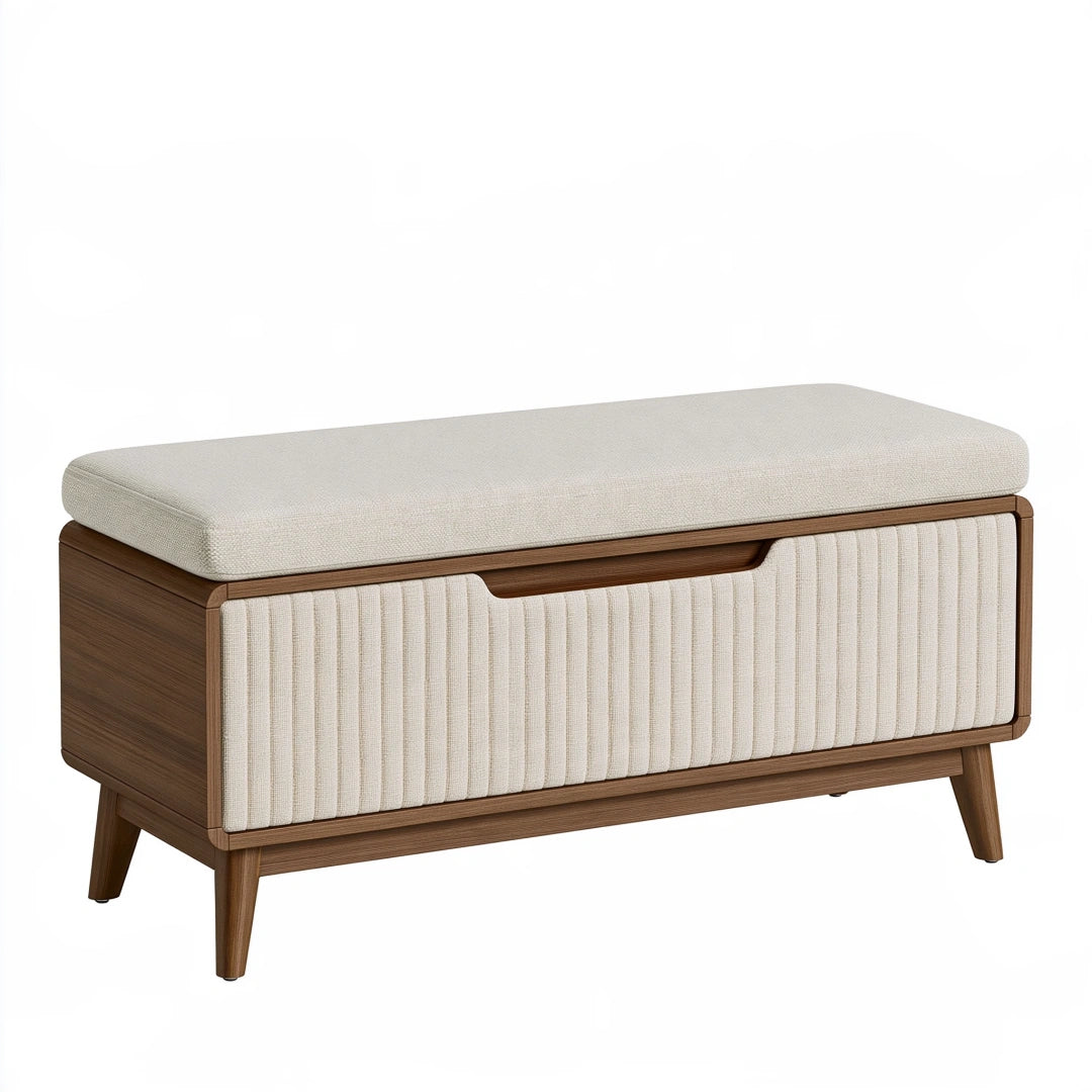 Panca contenitore 100 x 45 x 50 cm in legno marrone e tessuto beige con seduta imbottita