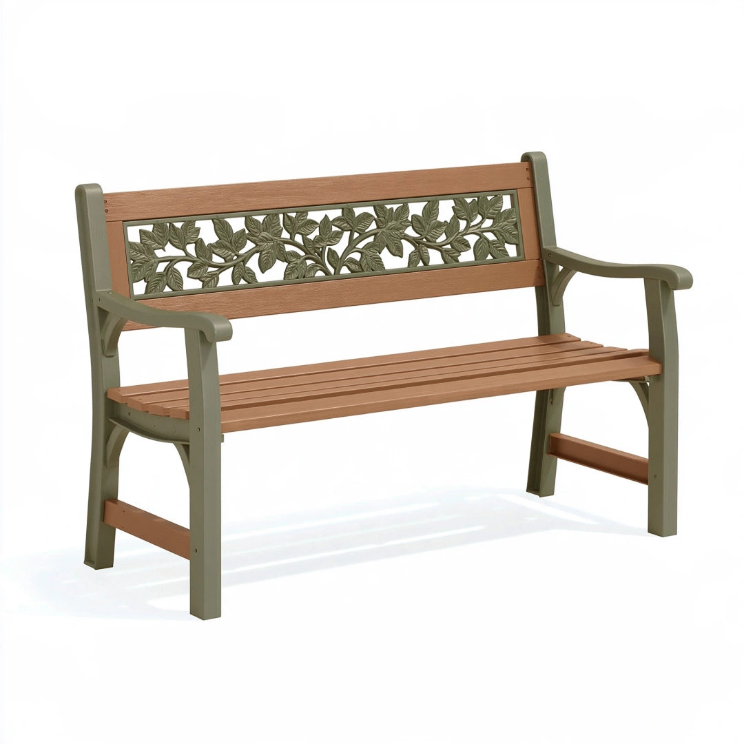 Panca da giardino 122 x 60 x 88 cm in metallo verde e marrone con schienale decorativo