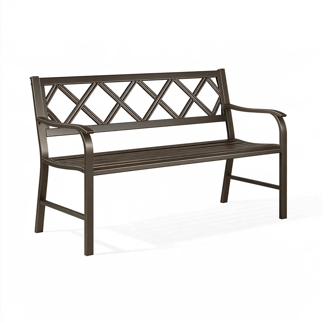 Panca da giardino 122 x 60 x 88 cm in metallo marrone con schienale decorativo