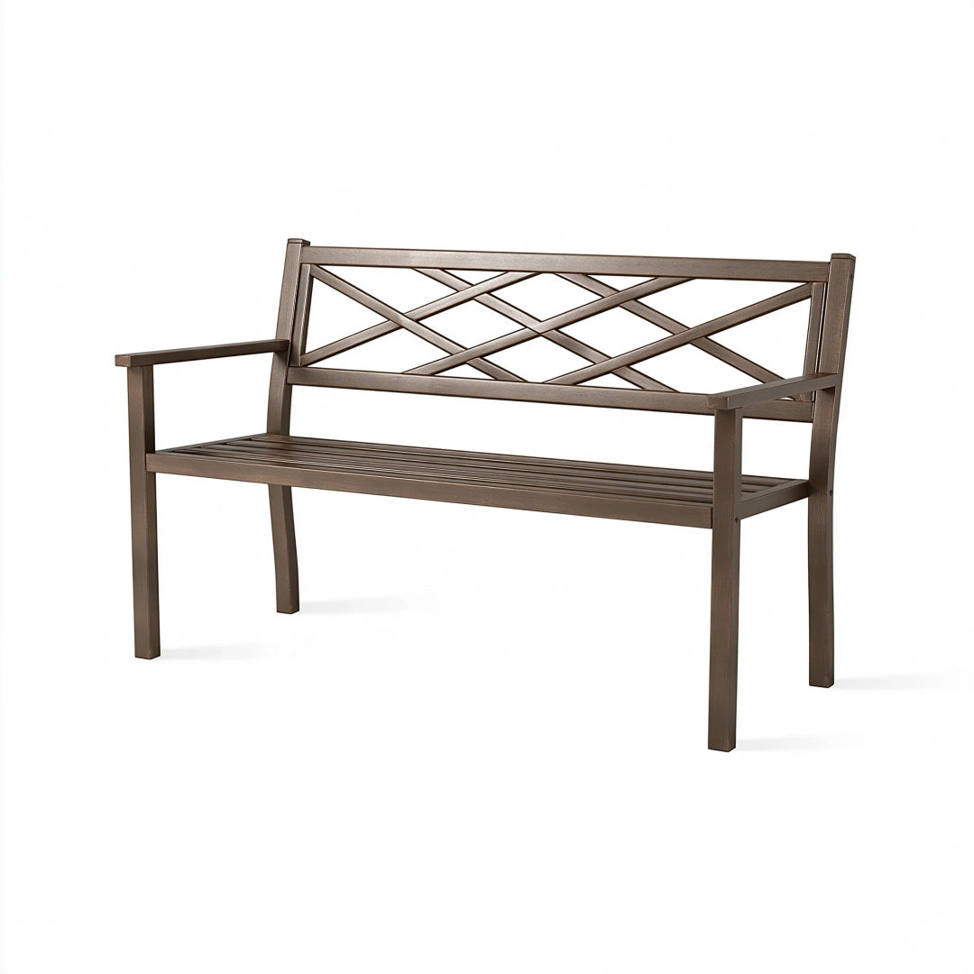Panca da giardino 122 x 61 x 88 cm in acciaio marrone con schienale decorativo