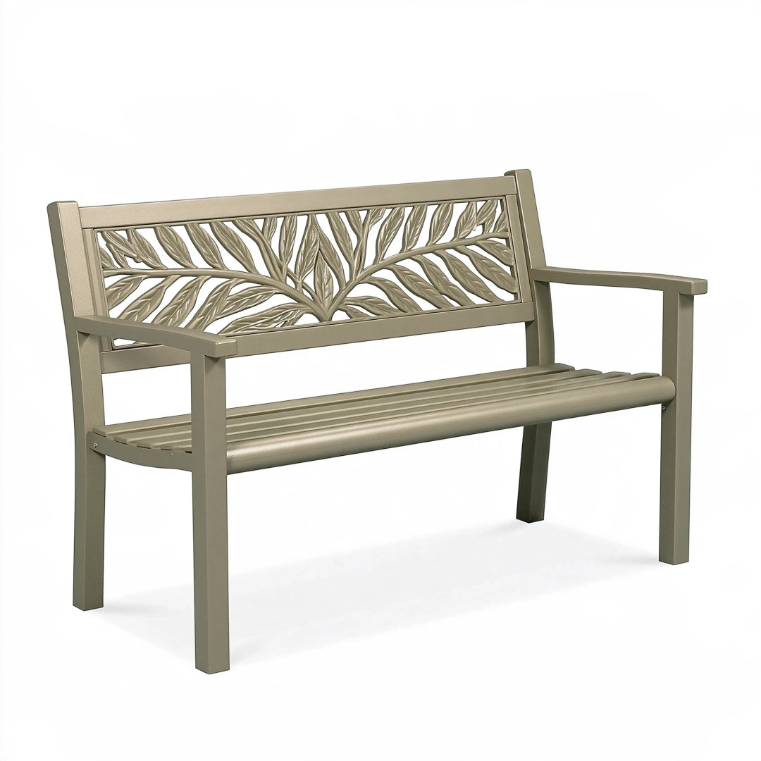 Panchina da giardino 120 x 60 x 90 cm in metallo grigio tortora con schienale decorativo