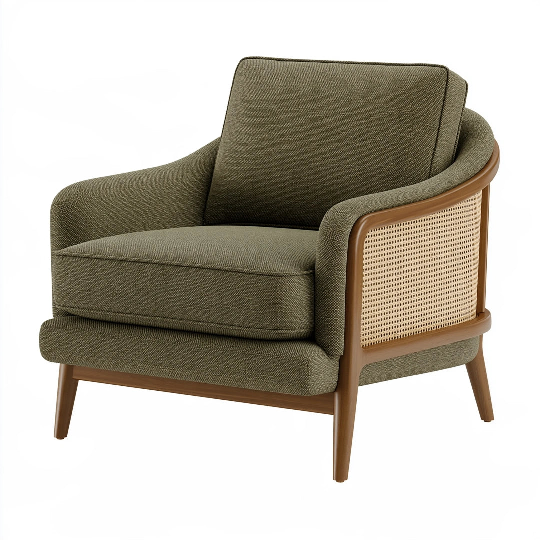 Poltrona 76x78x82 cm in tessuto verde con legno e rattan - seduta da soggiorno stile retrò
