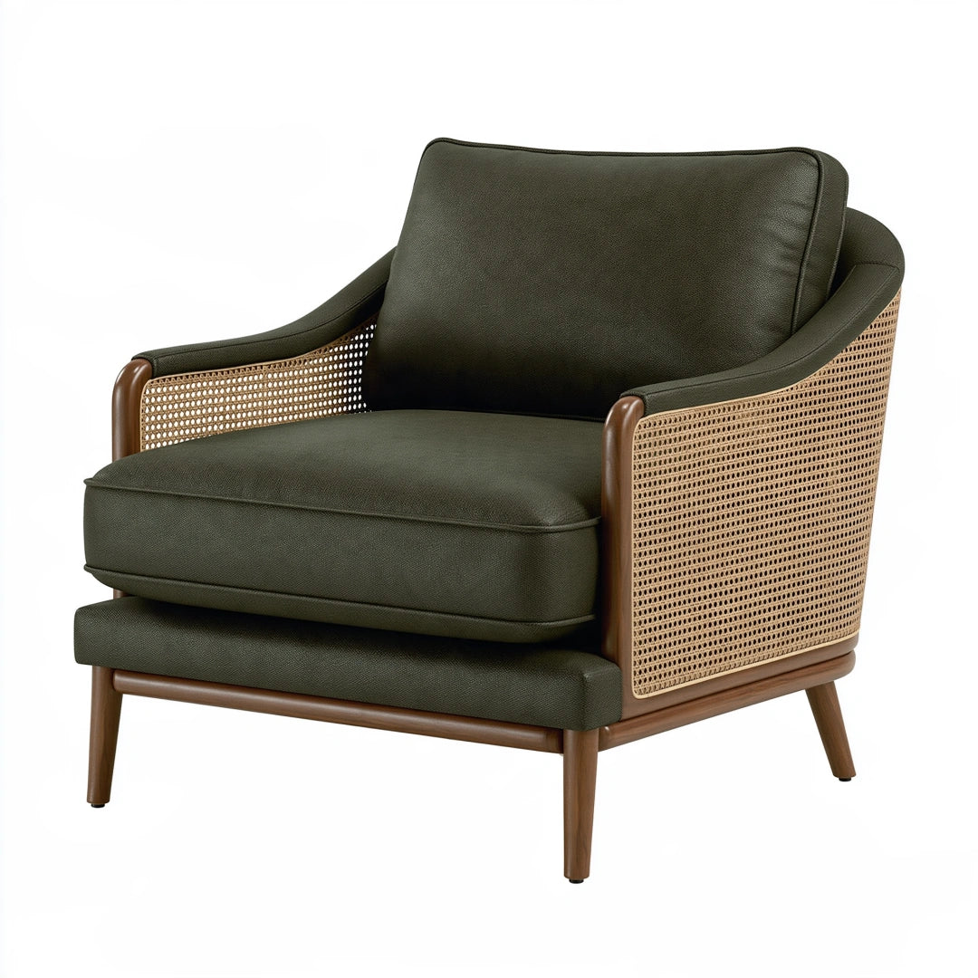 Poltrona 80 x 85 x 85 cm in tessuto verde oliva con legno e rattan - stile moderno