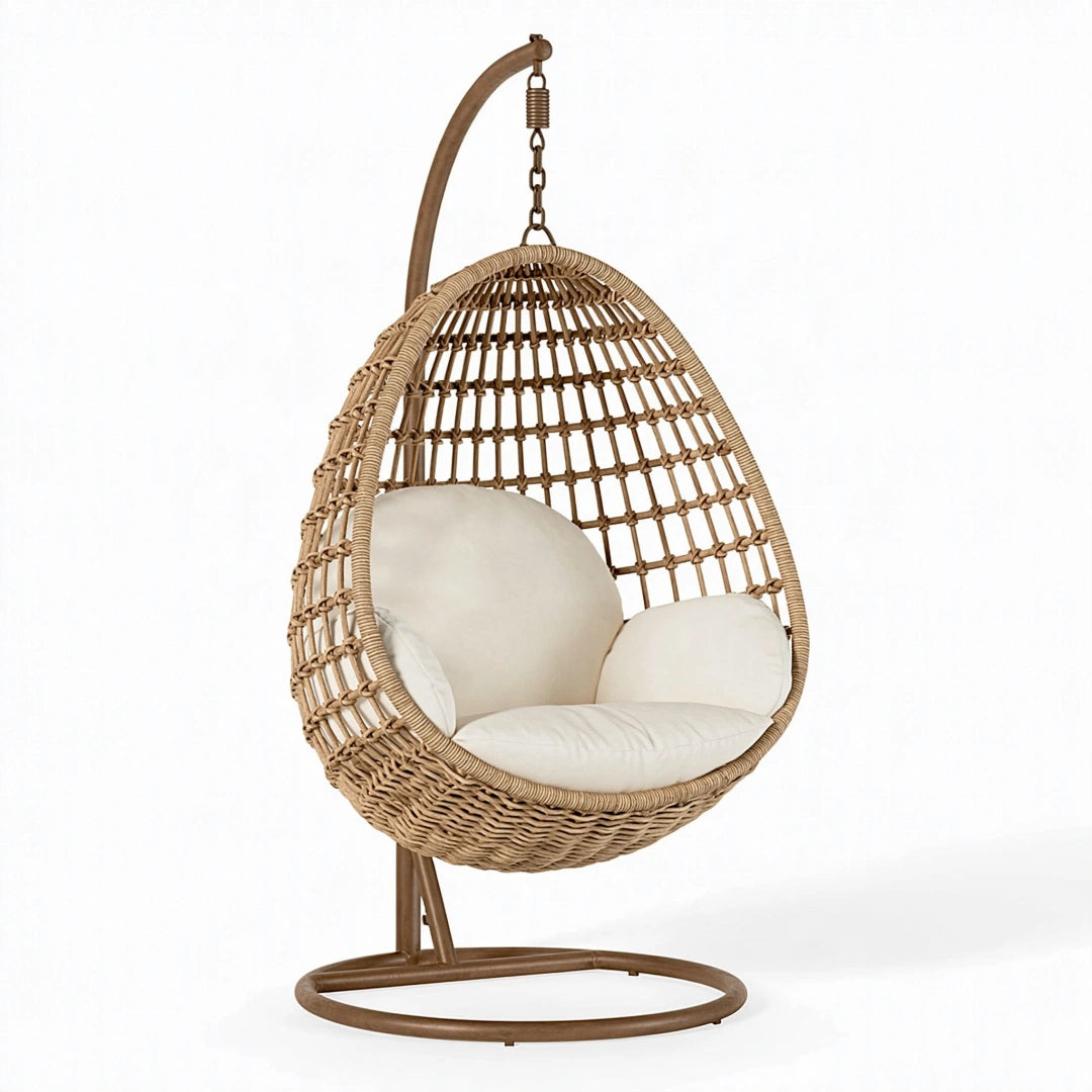 Poltrona sospesa 105 x 105 x 195 cm in rattan naturale con struttura marrone - seduta boho da interno