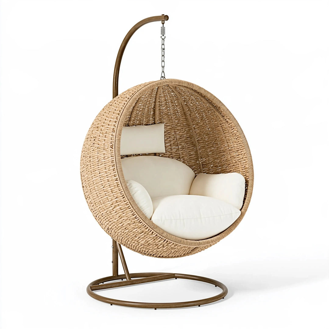 Poltrona sospesa 105 x 105 x 195 cm in vimini beige con struttura in acciaio - stile boho per interni