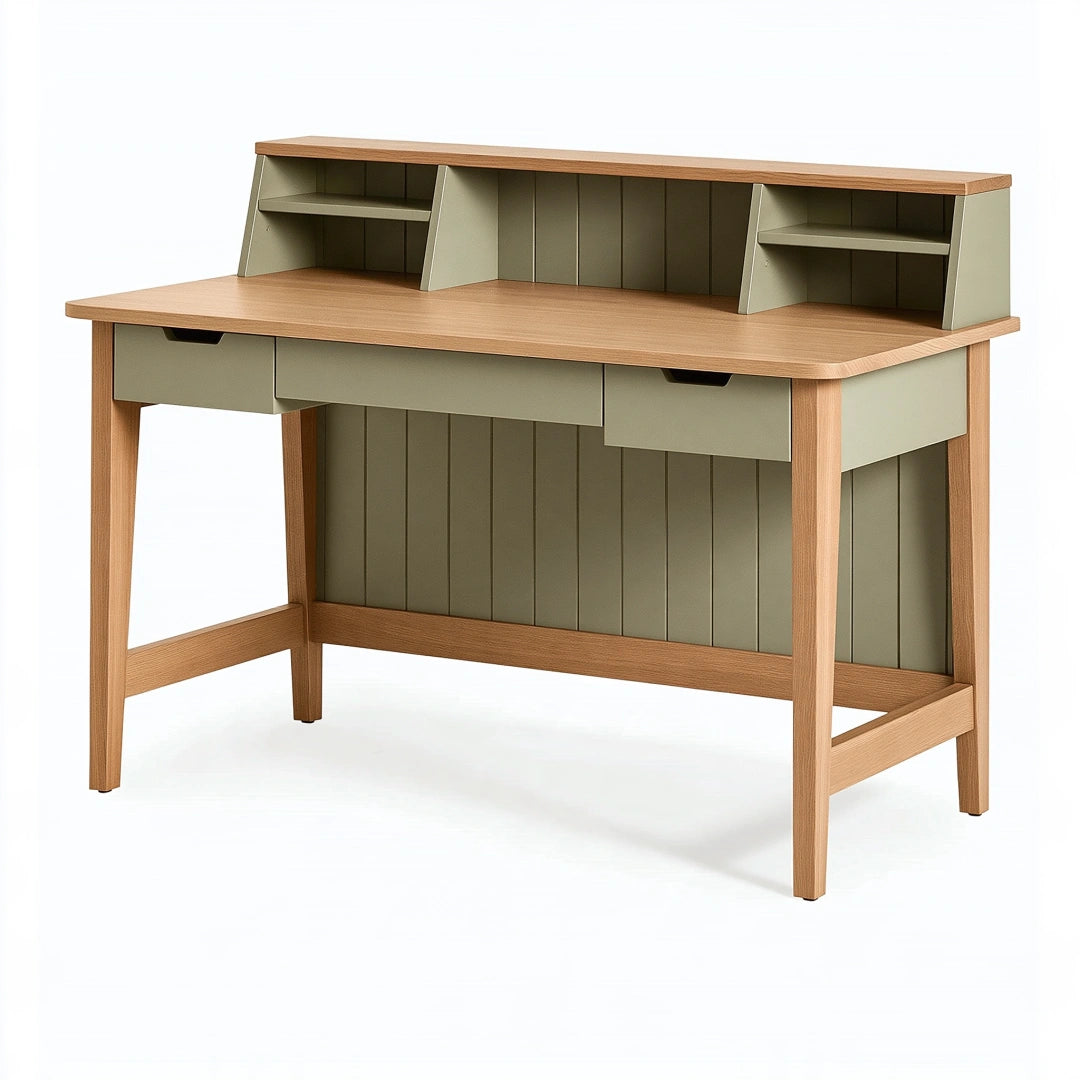 Scrivania 120 x 60 x 100 cm in legno marrone e verde salvia con cassetti e ripiani stile moderno