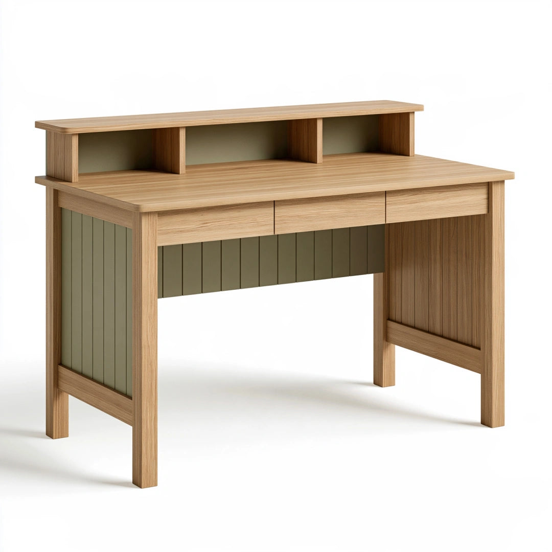 Scrivania 120x60x90 cm in legno effetto rovere e verde con 3 cassetti e ripiano
